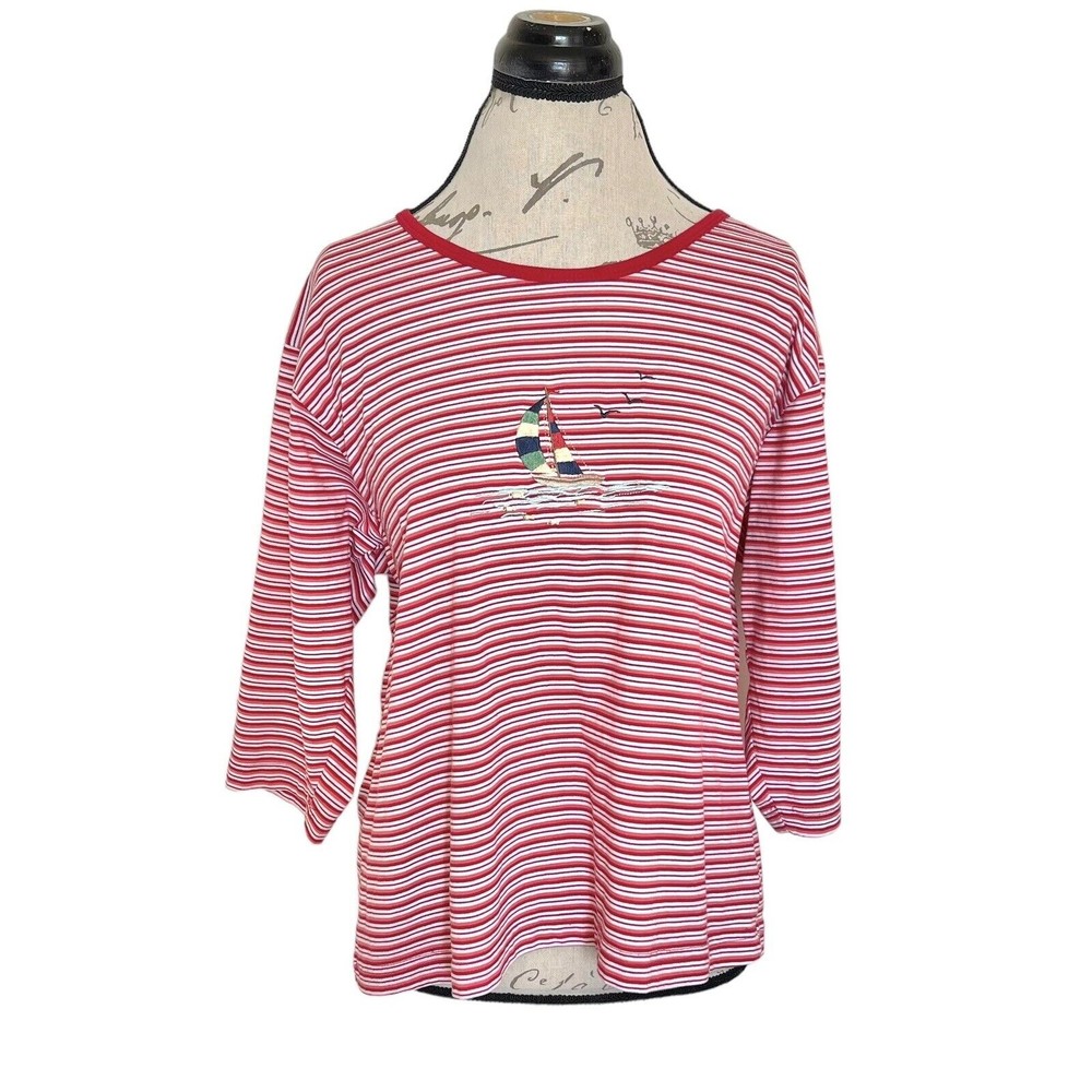 Vintage Shenanigans Top Striped Red White Embroidered Sail Boat Size XL Coastal